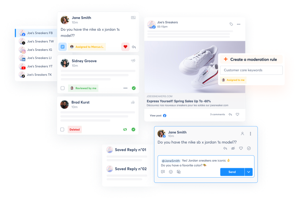 Agorapulse inbox with comments, saved replies and a moderation rule